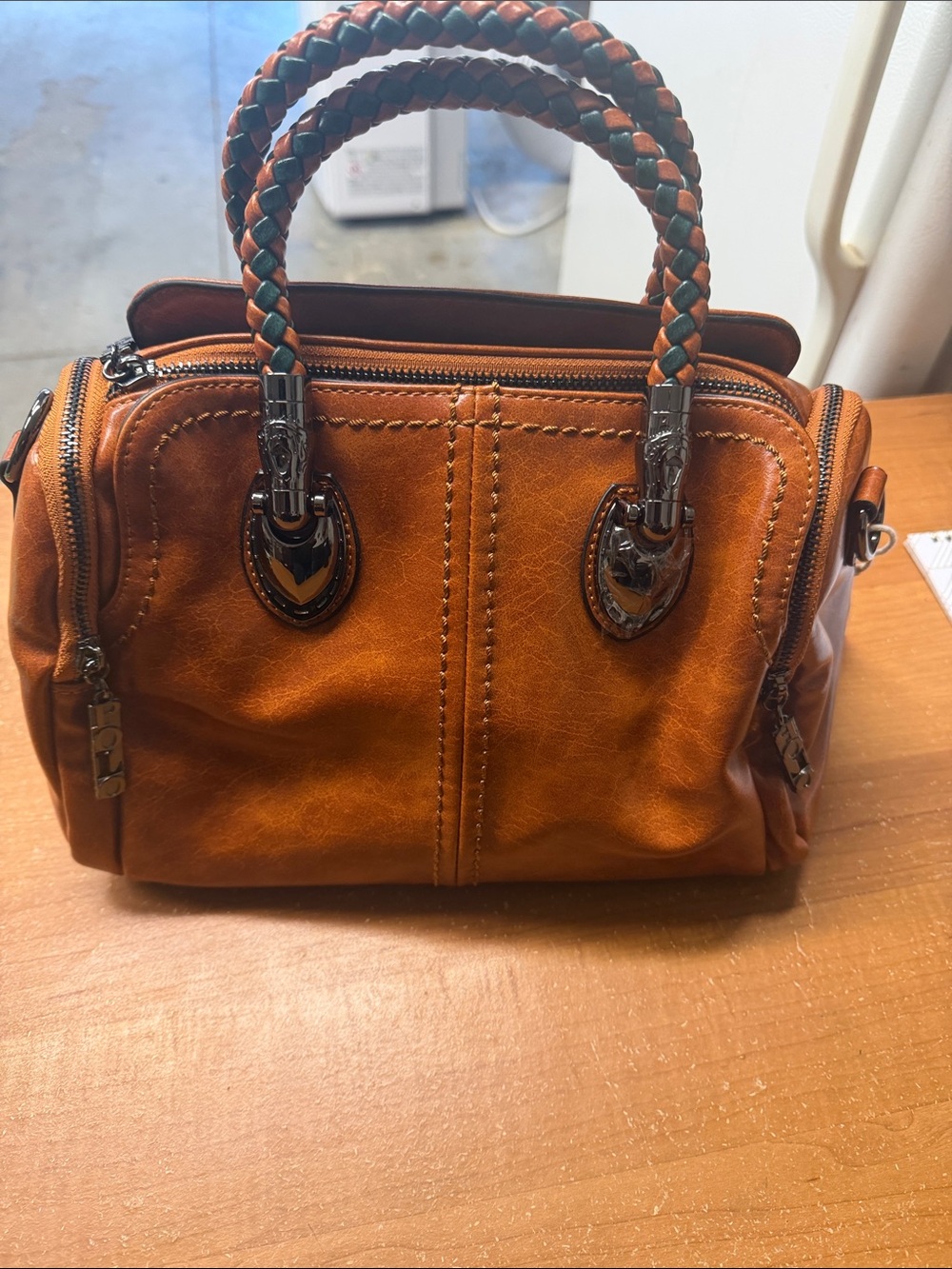Women's Braided Handle Satchel Handbag - Tan